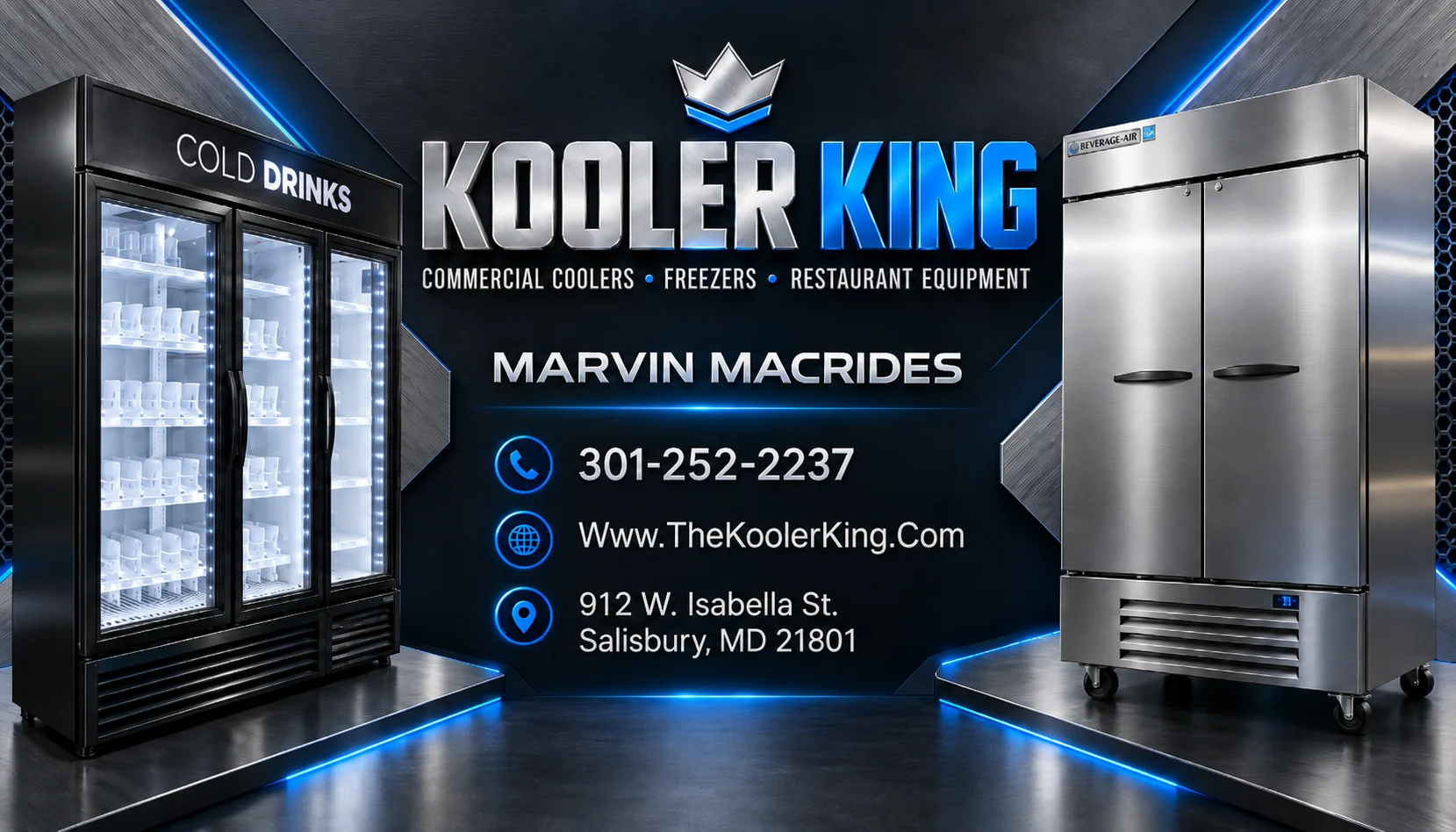 Kooler King business card — Marvin Macrides, 301-252-2237, TheKoolerKing.Com