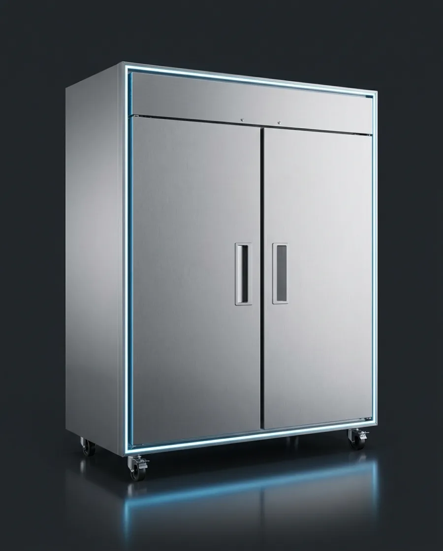 Stainless steel two-door commercial freezer